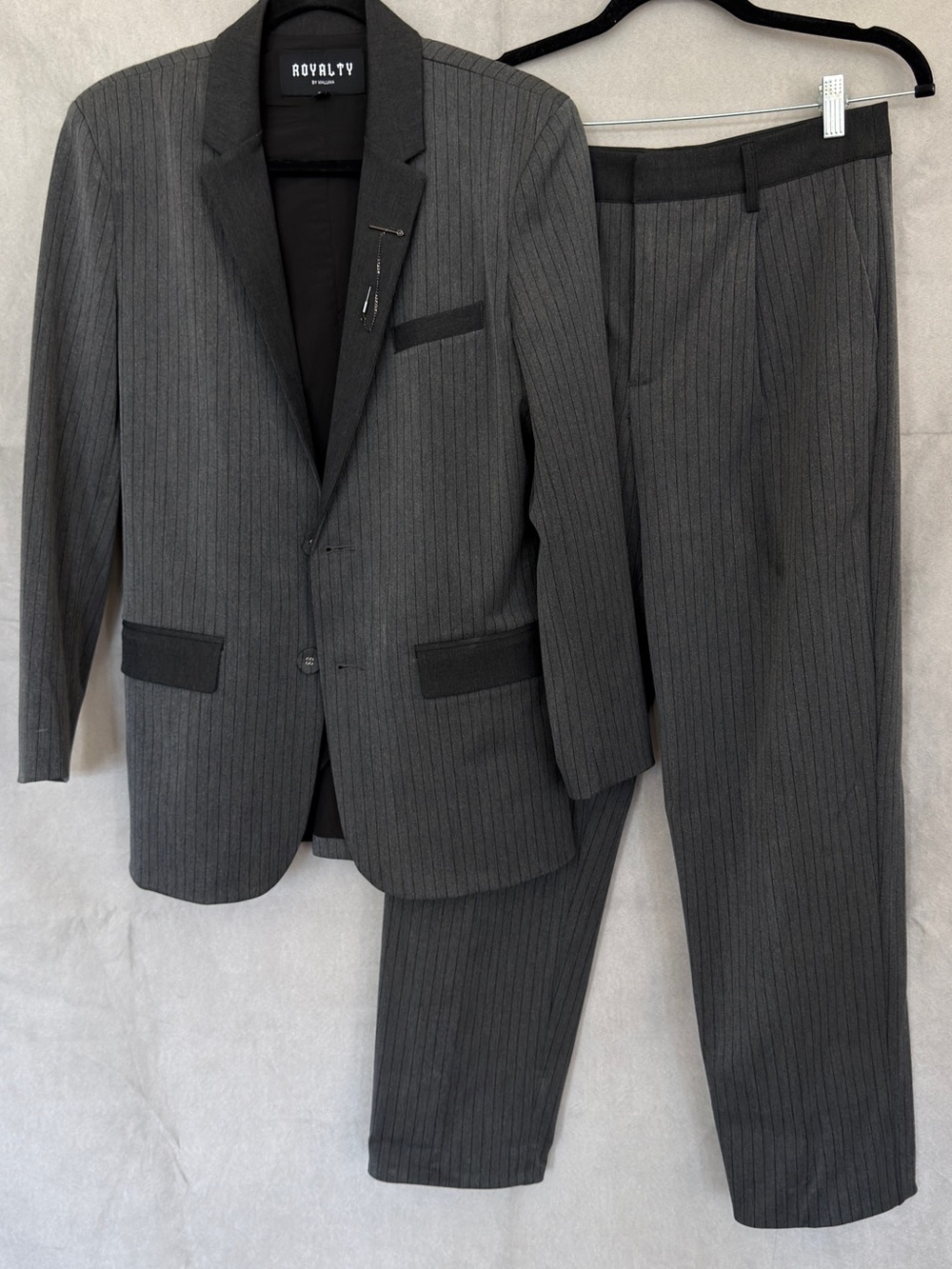 Royalty For Me Men’s Gray Pinstripe Suit Jacket & Trousers